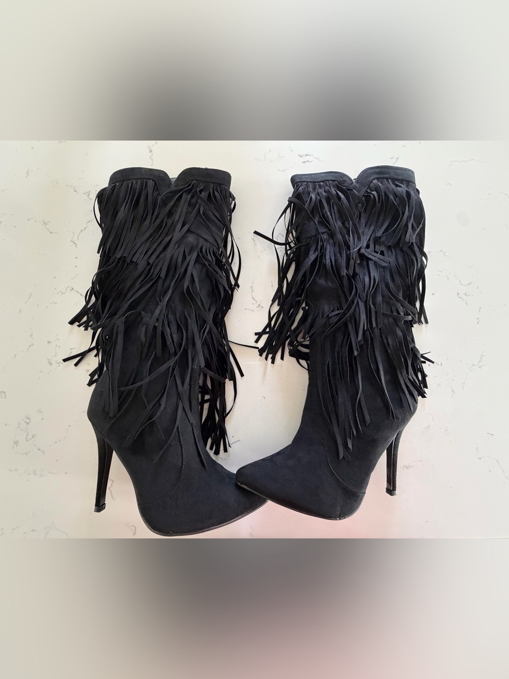 Fringed Black Suede Stiletto Boots - Women